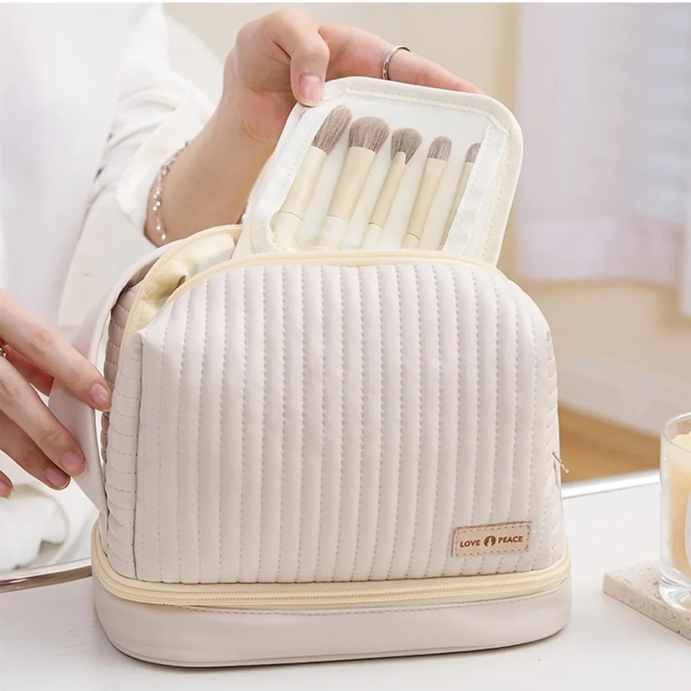 Large Makeup Bag Double Layer Cosmetic Travel Portable Leather Toiletry‎